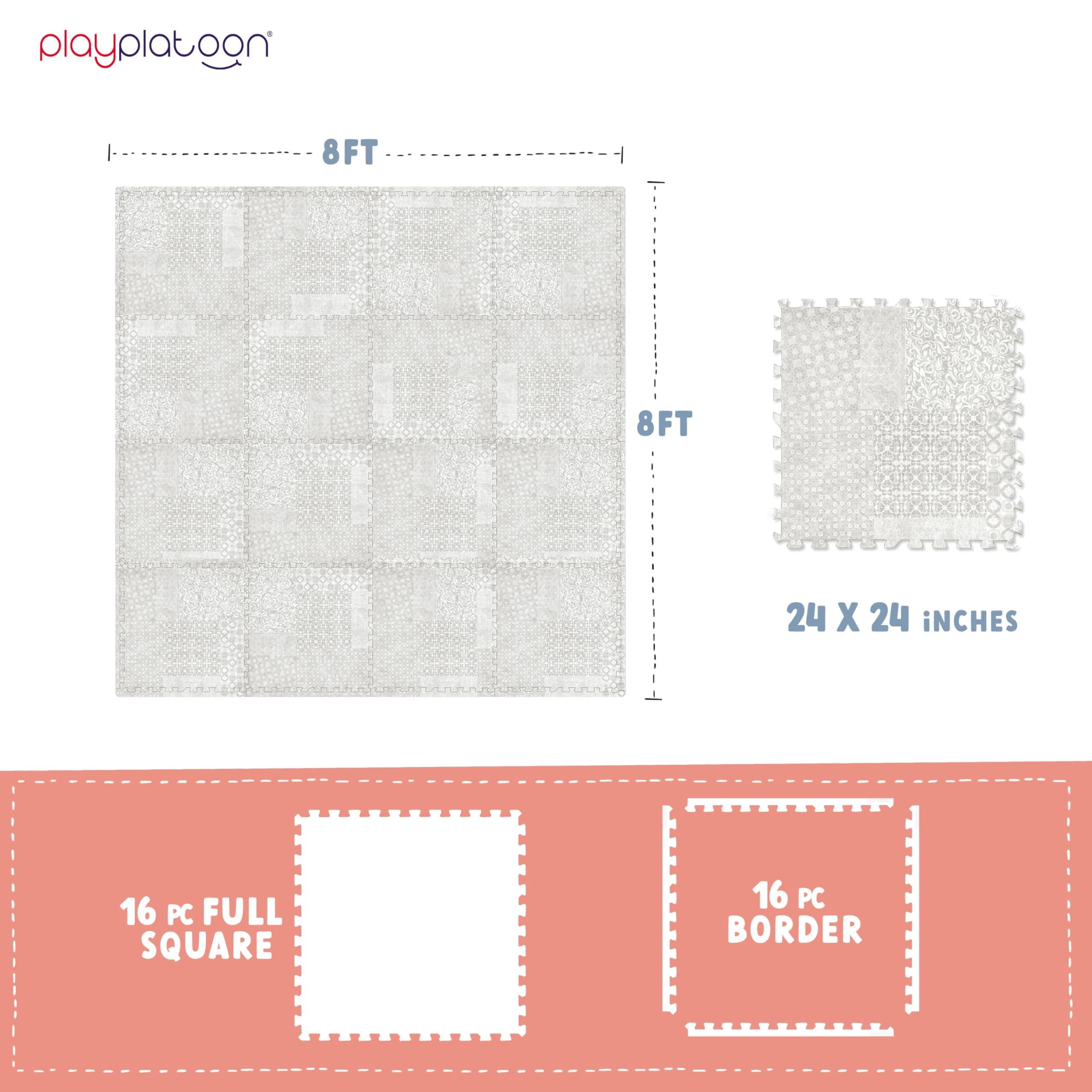 Play Platoon Non-Toxic Extra-Thick Children's Play Mat, 16 Tile - 96 x 96 inch Comfortable Cushiony Foam Floor Puzzle Mat for Kids & Toddlers with 24 x 24 inch 5/8 in Thick Tiles - Khaki, Boho Modern