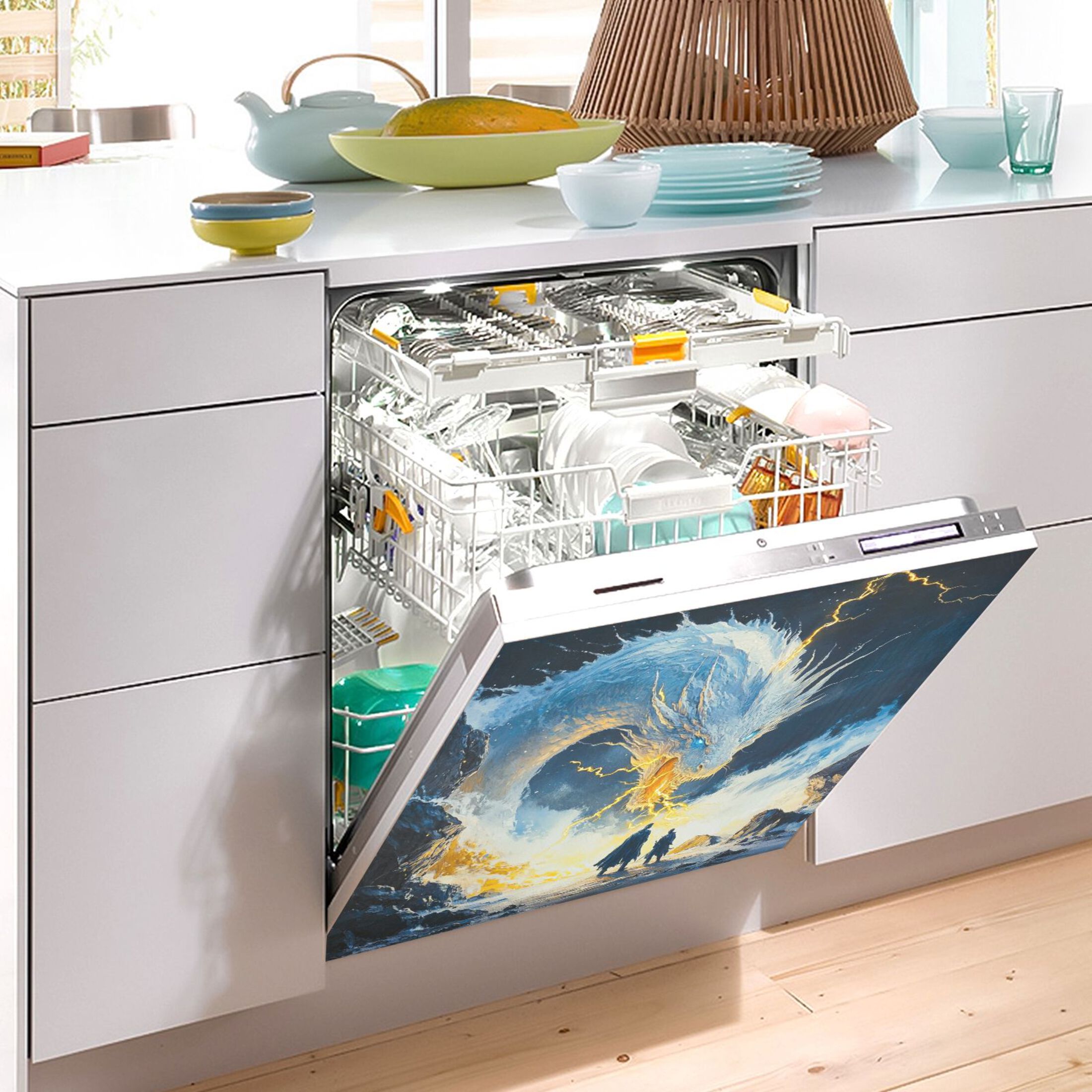 Dishwasher Magnetic Sticker 23x26 Inch Refrigerator Magnetic Sticker Washing Machine Magnetic Sticker Kitchen Panel Magnetic Sticker Home Decor White Lightning Dragon