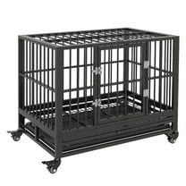 36" Heavy Duty Dog Crate Metal Cage Kennel with Lockable Wheels, Double Door and Removable Tray, Gray