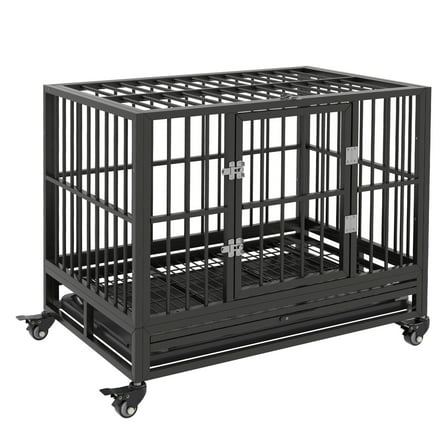 36" Heavy Duty Dog Crate Metal Cage Kennel with Lockable Wheels, Double Door and Removable Tray, Gray
