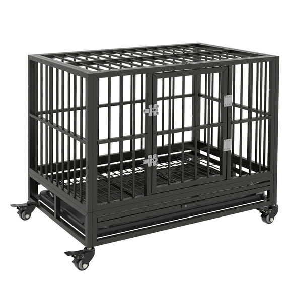36" Heavy Duty Dog Crate Metal Cage Kennel with Lockable Wheels, Double Door and Removable Tray, Gray