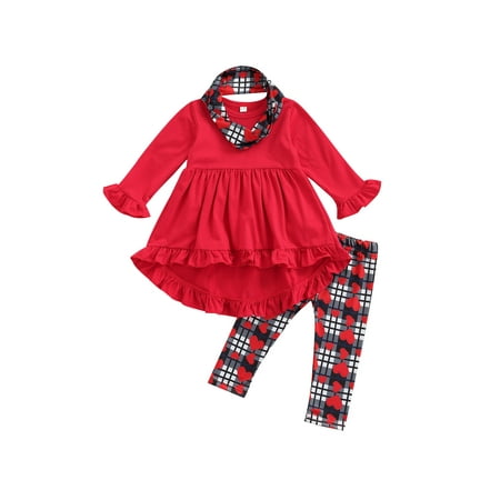 

Calsunbaby Kid Baby Girl 3Pcs Pants Outfits Solid Color Long Sleeve Ruffles Dress Tops Plaid Heart Printed Long Pants Scarf Set