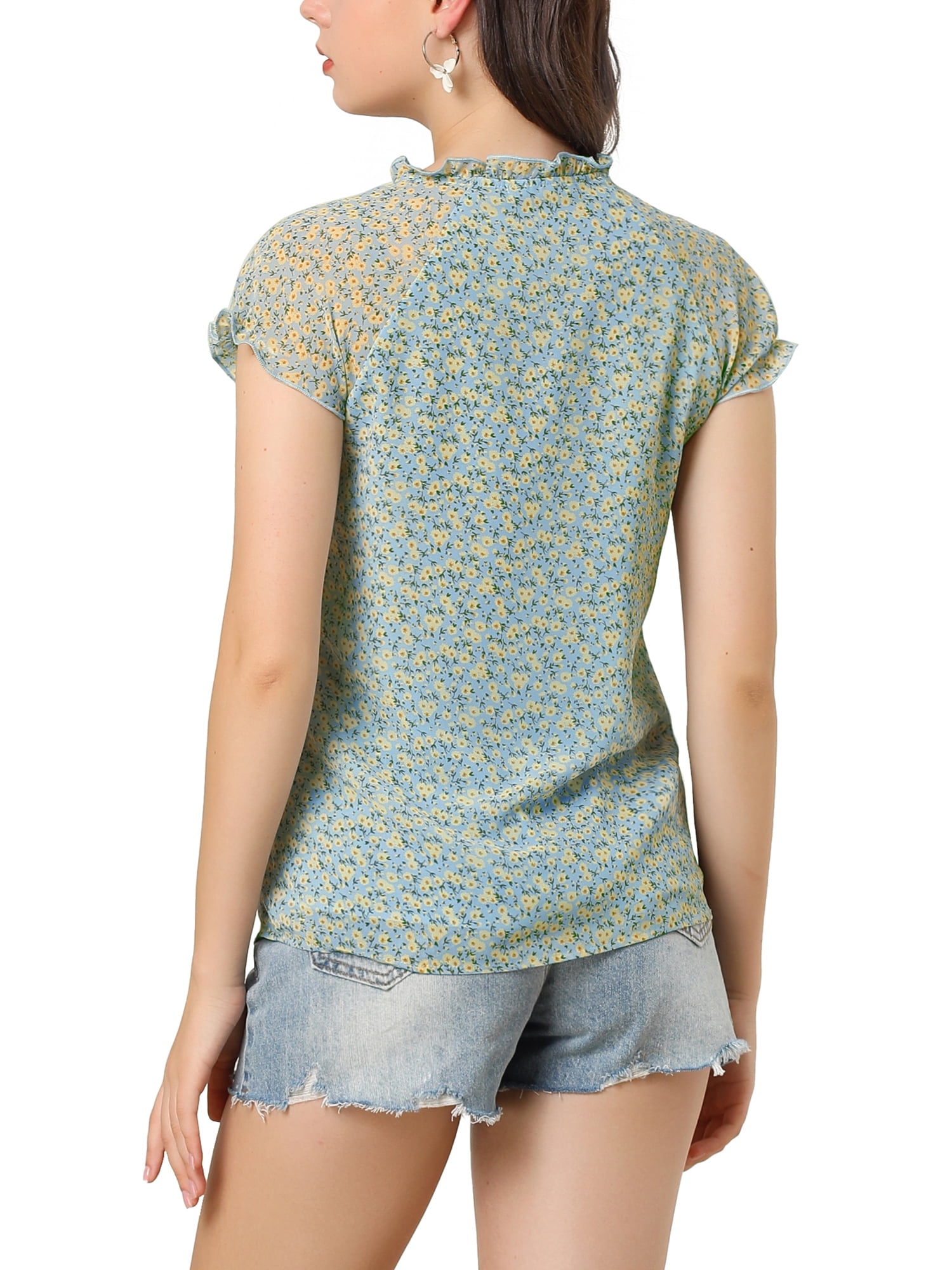 DARING DIVA Women's Ruffle V Neck Cap Sleeve Chiffon Floral Blouse Top M Light Blue