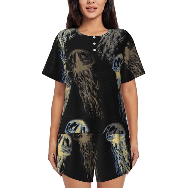 Balery Jellyfish Conjunto de Pijama para Mujer con Estampado, Dos Piezas de Manga Corta y Shorts, Ropa de Dormir Suave con Cuello Redondo y Bolsillos-X-Large