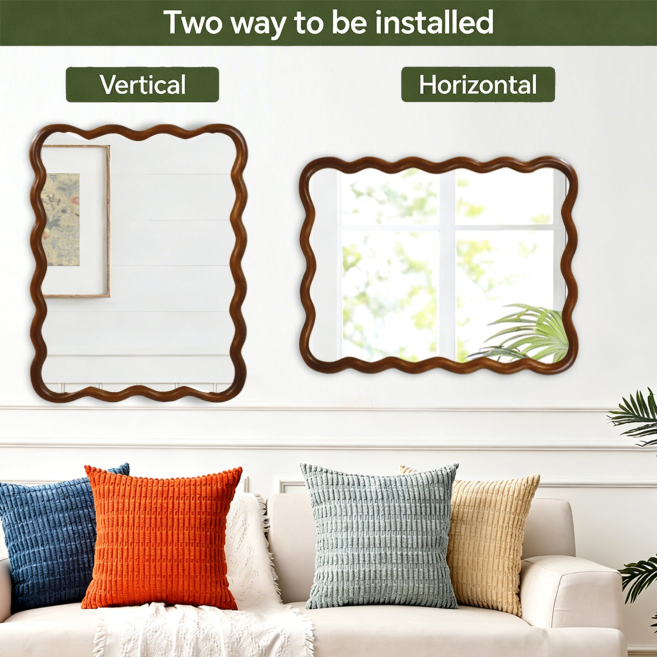 Noble House 30"x40" Wavy Rectangle Wall Mirror, Solid Wood Frame Decorative Accent Mirror for Entryway/Bathroom, Walnut