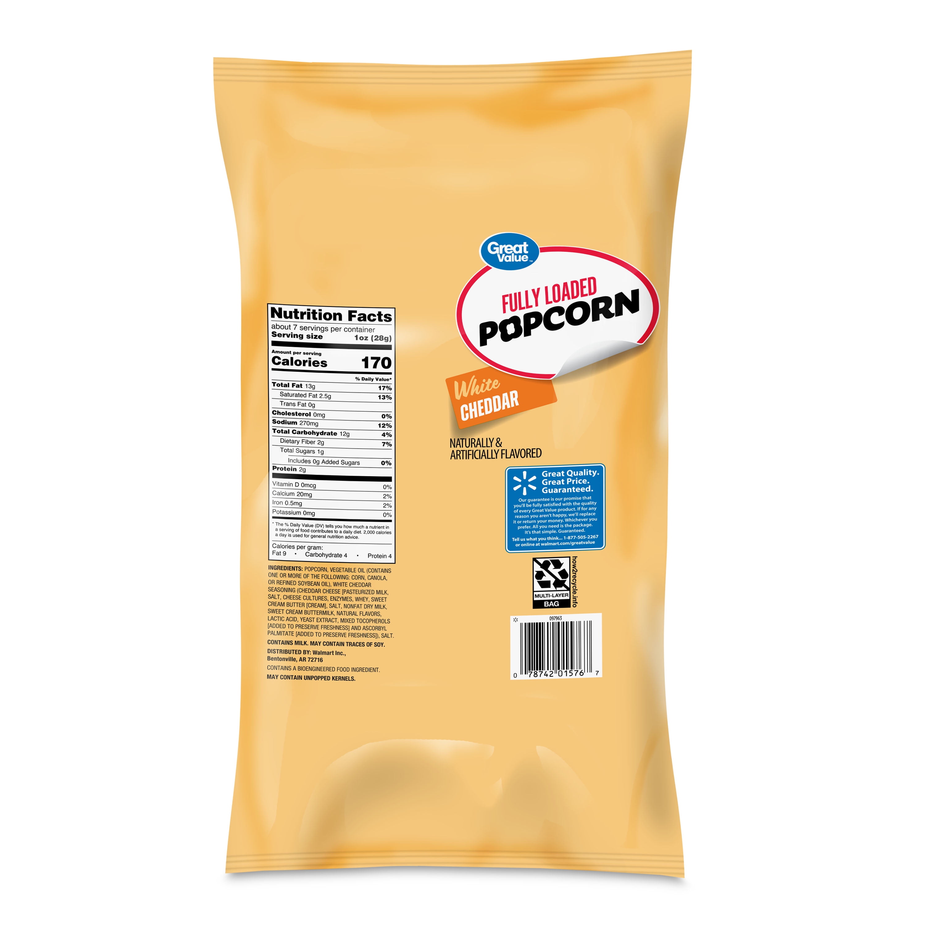 Great Value White Cheddar Fully Loaded Popcorn, 6.75 oz
