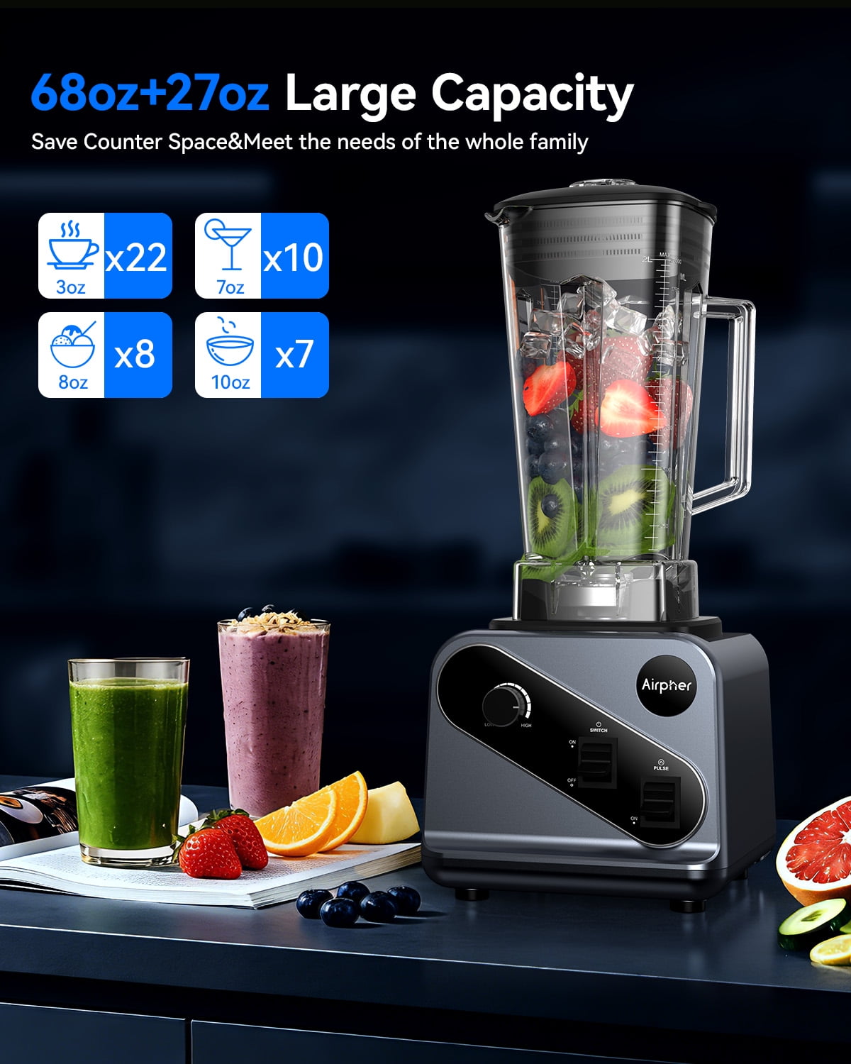 Hewcham Smoothie Blender for Home, 2000W High-Power Blender with 68 fl oz Pitcher, Ice Crushing & Safety Lock