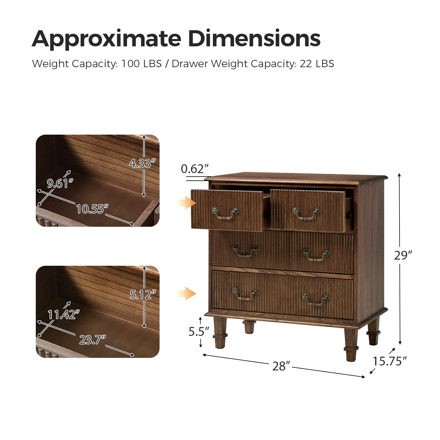 Tina's Home Transitional Solid Wood End Table with Vertical Striped Design, Built-in Charging Station - 4 Walnut Drawers