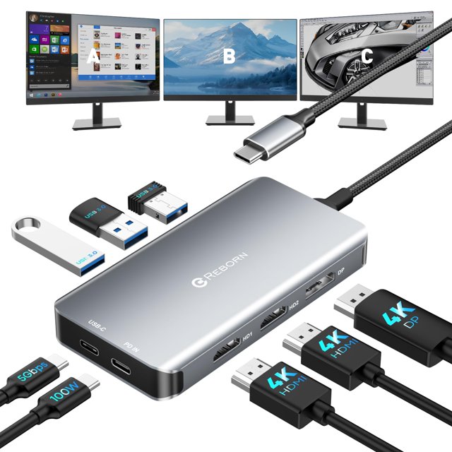 Estación de acoplamiento USB-C Reborn 8 en 1 para Dell, HP y Lenovo
