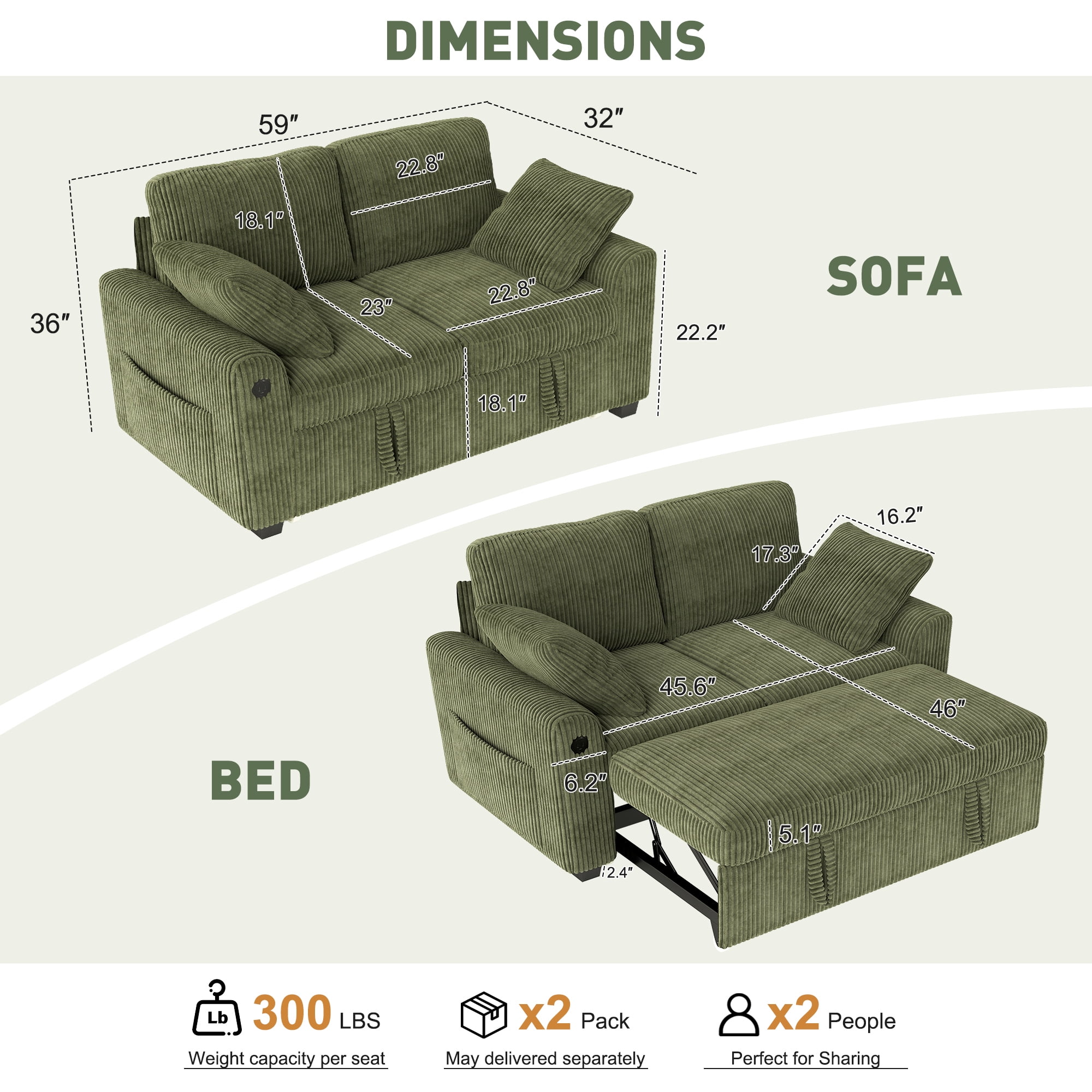 BedLuxury 59" Loveseat With Pull Out Bed, Sleeper Sofa Bed With USB Charging & Side Storage for Small Spaces, Corduroy Green
