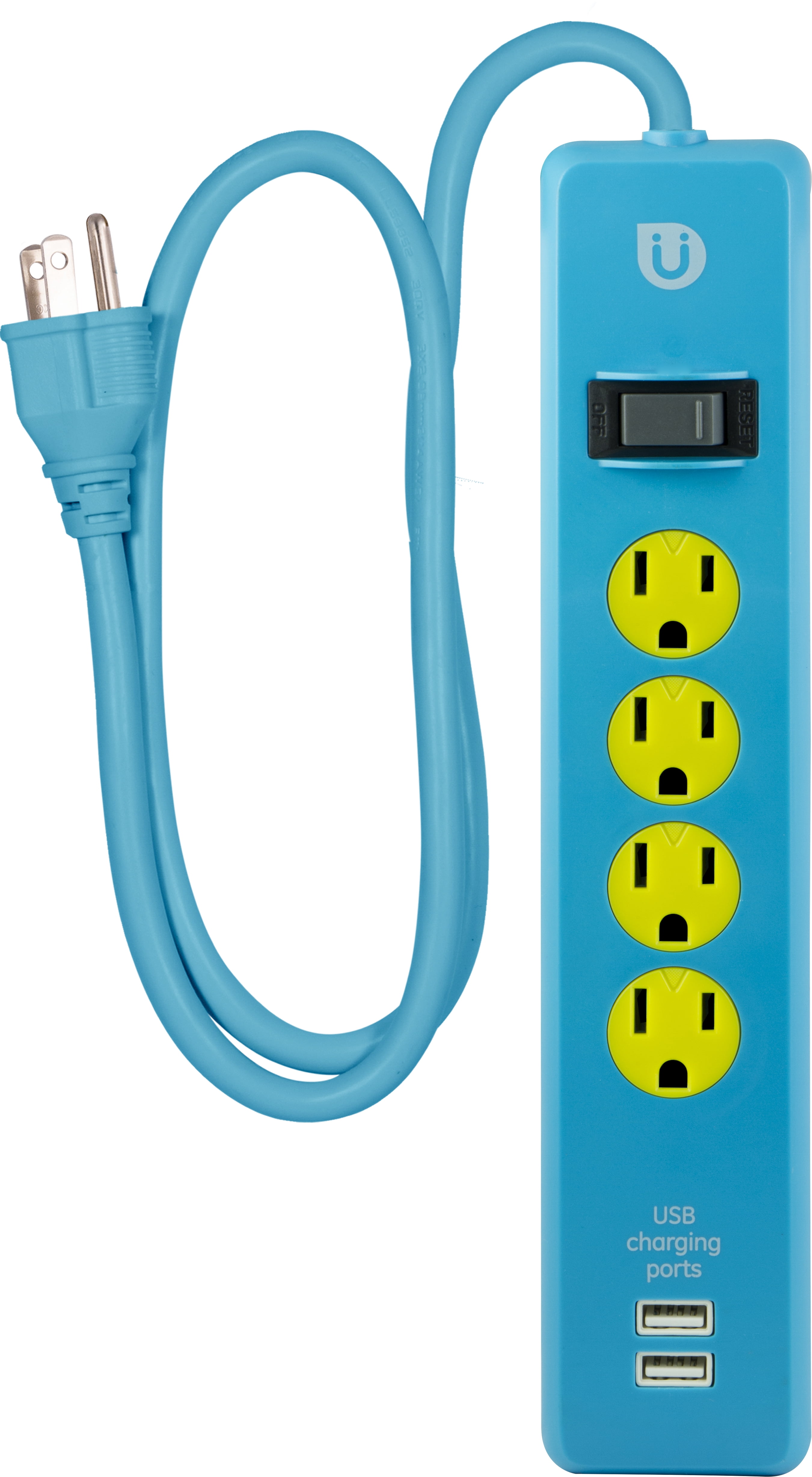 Uber 4-Outlet Power Strip with USB Charging, Blue/Yellow, 4 ft – 25117