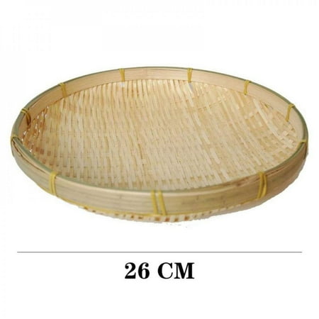 

[Big Clear!]Natural Handmade Bamboo Wood Round Serving Platter Traditional Round Rattan Flat Wicker Tray Basket Tray DIY Wood Supplies