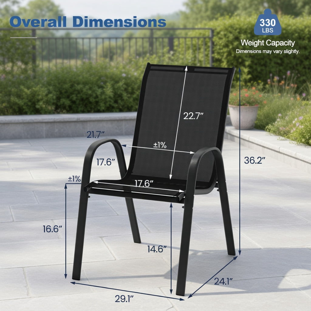 Hommoo 4-Pack Stackable Outdoor Dining Chairs with Armrests, Steel Frame, Ergonomic Design for Patio, Deck & Backyard, Black