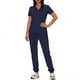 thumbnail image 4 of Conjunto de uniforme médico para mujer, cuello en V, manga corta, blusa, cintura elástica y pantalones deportivos, color sólido, conjunto de trabajo de enfermería de 2 piezas con bolsillos., 4 of 7