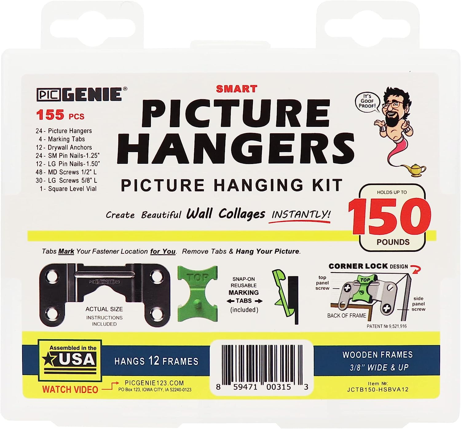 PicGenie 155Piece Steel Picture Hanging Kit in Tackle Box, Hangs 12