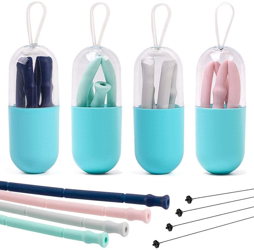 BPA Free-9 inch Reusable Silicone Drinking Straws 30/&20 oz Tumbler Compatible Portable 4 Collapsible Straws with 4 Travel Cases and 4 Cleaning Brushes