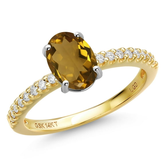 Gem Stone King 14K Two Tone Gold Whiskey Quartz and Lab Grown Diamond Engagement Ring for Women | 1.16 Cttw | Oval 8X6MM | Gemstone Birthstone | Size 7