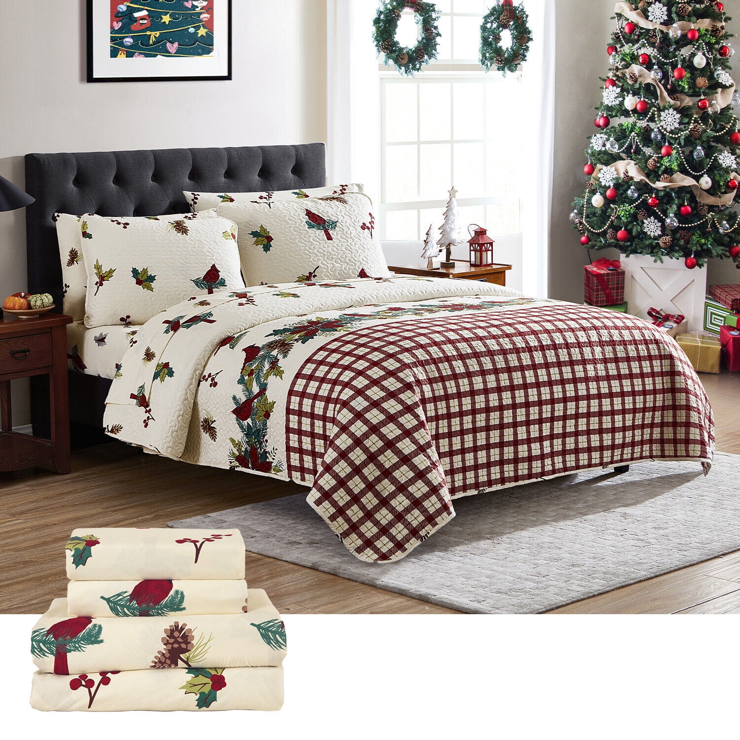 Twin, Full, Queen, King Red Cardinal Plaid Christmas Quilt, Red and