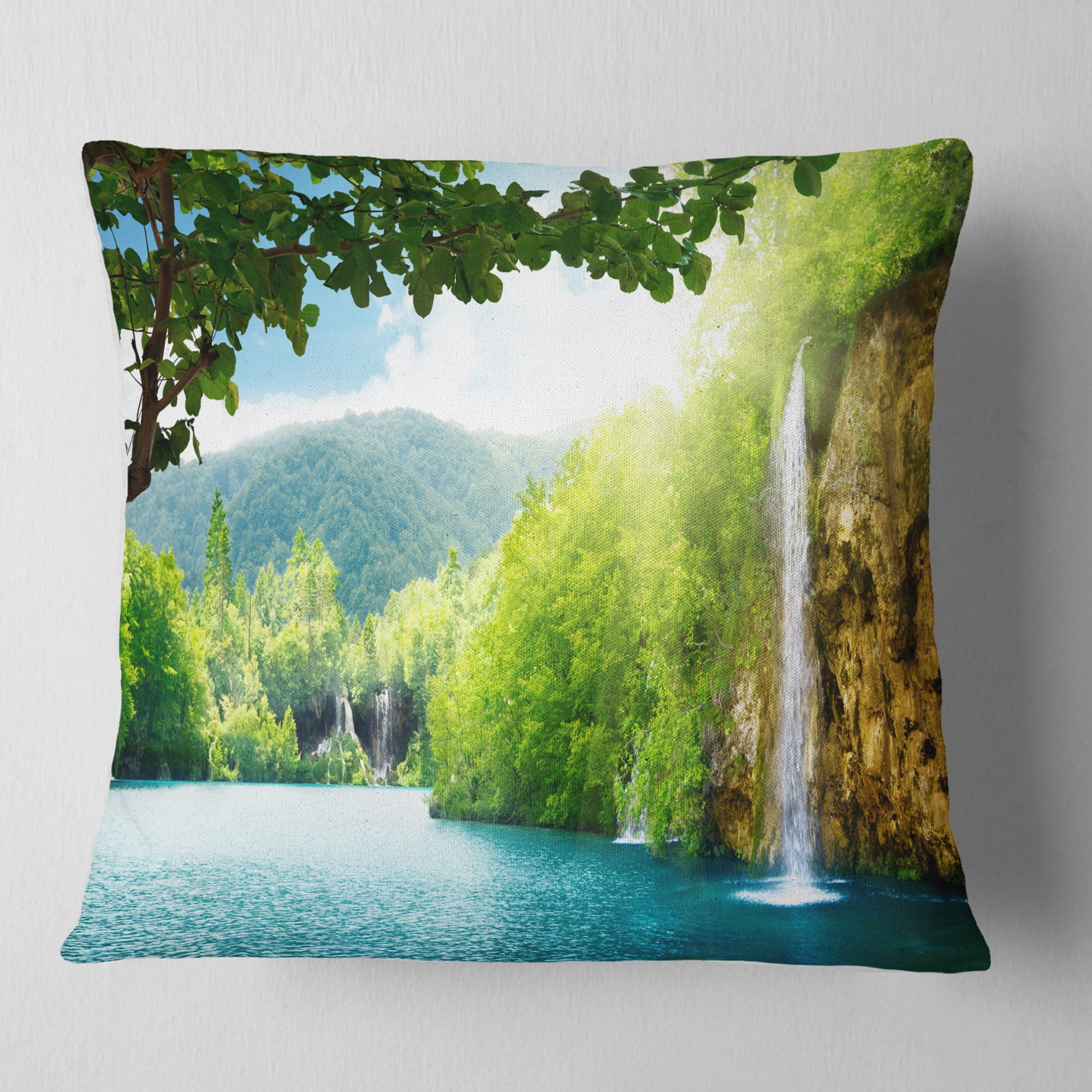 Designart Waterfall in Deep Forest - Landscape Photography Throw Pillow - 16x16