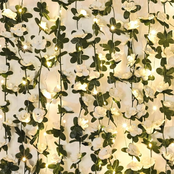 Flower Garland Rose Vines, 5 Strands Ft Flowers Vines for Bedroom with 33 Ft/LED String Lights, Rose Flower Garland Decoration, Rose Floral Garland for Room Table Wedding Decor