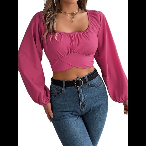 Blusa Corta con Volantes, Cuello Cuadrado y Fruncido para Mujer, Larga y Lazo Anudado Rosa Roja M