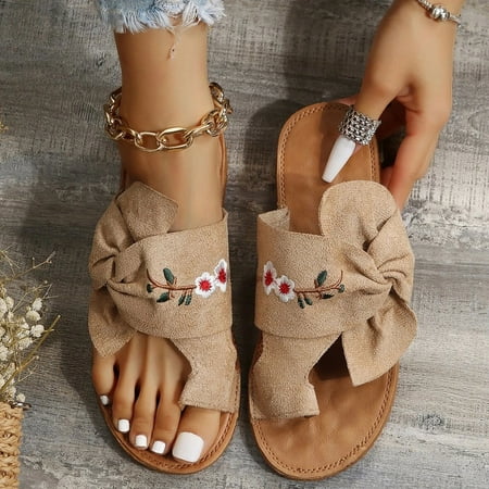 

Ykohkofe Floral Embroidered Twist Detail Suede Slide Sandals For Women Ladies Open Toe Slippers
