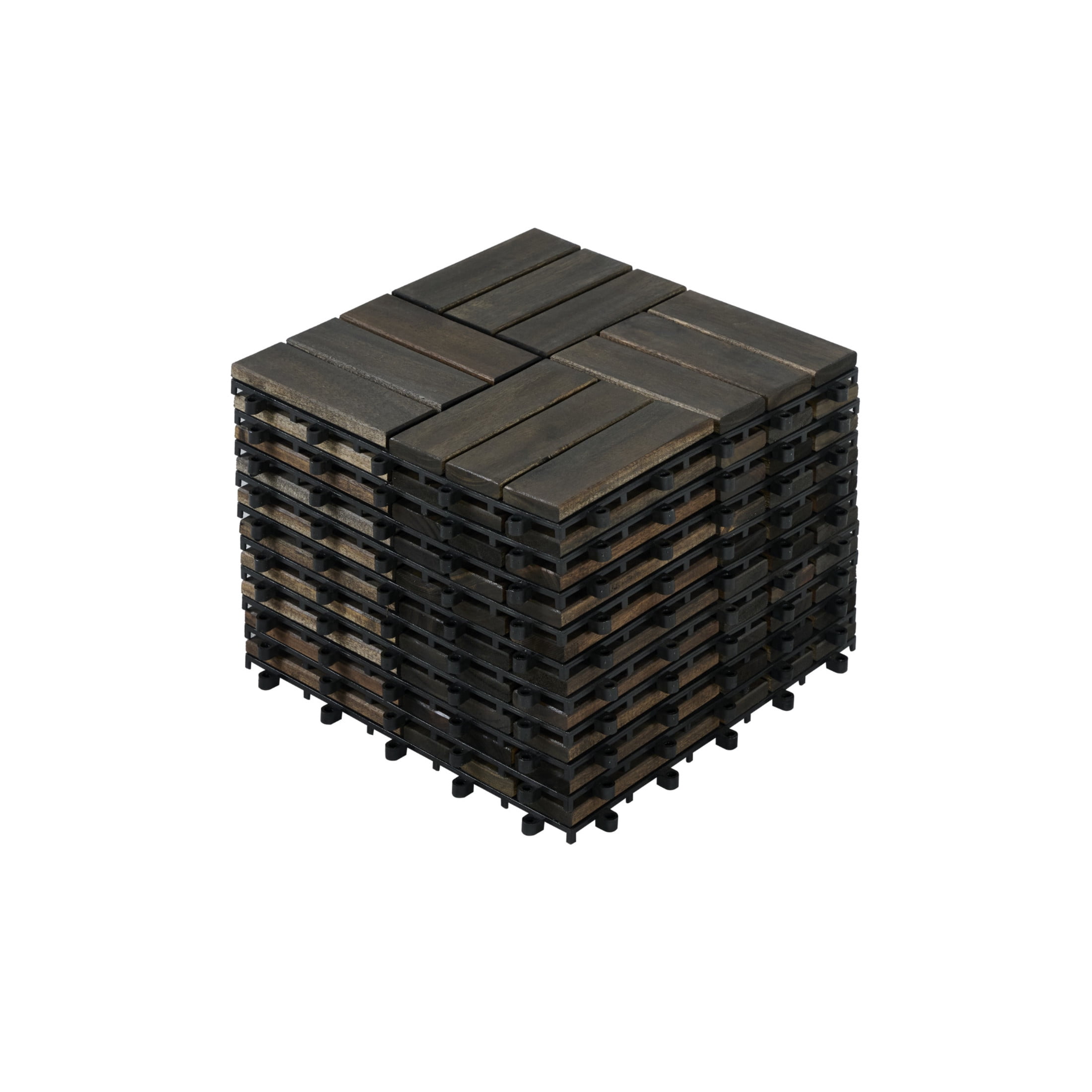 Noble House 12" Checker Acacia Wood Interlocking Deck Tiles, All-Weather Hardwood Patio Flooring, Dark Brown, 10 PCS