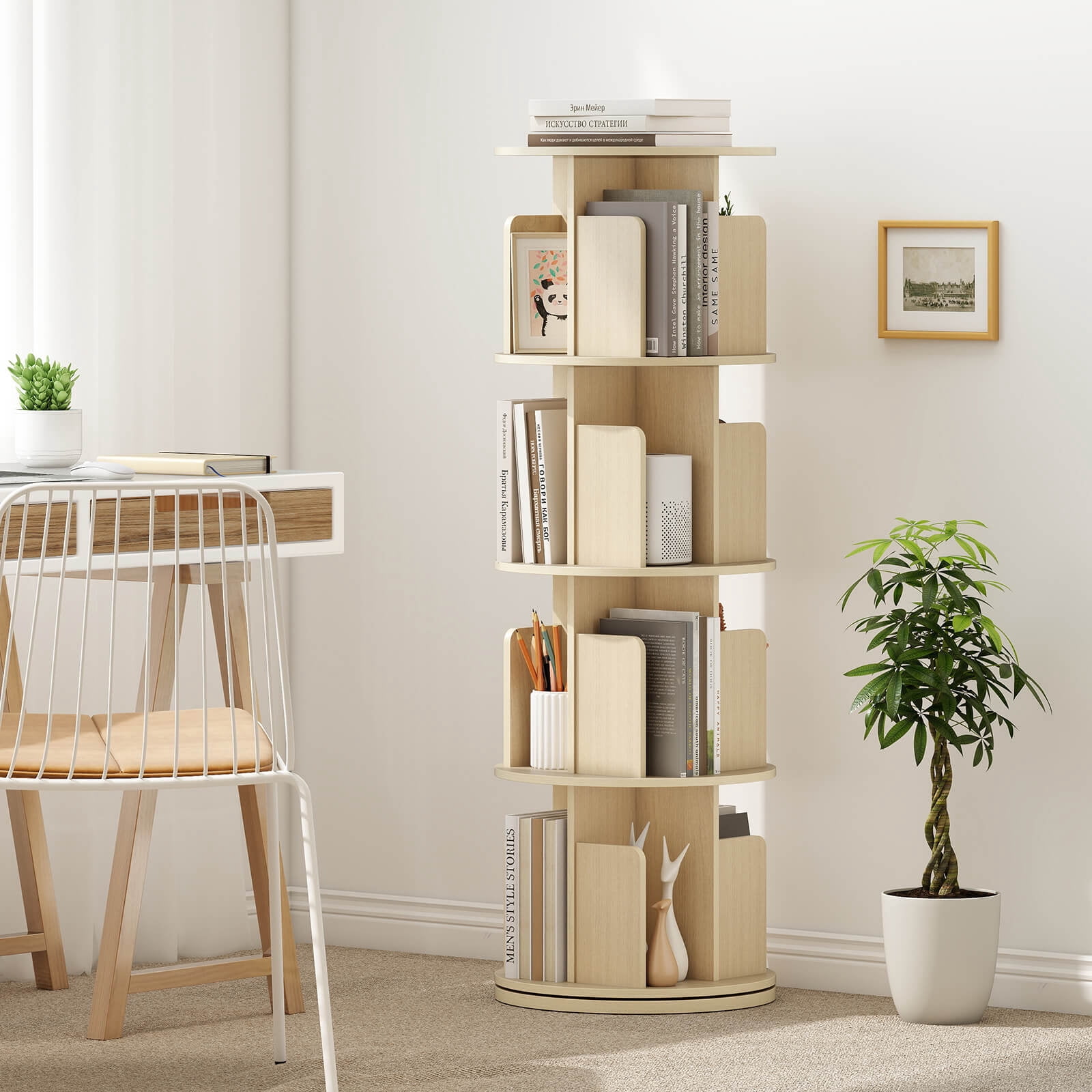 Costway 1 PCS 4-Tier Rotating Bookshelf 360° Display Rack with Dividers & Anti-falling Baffles Natural