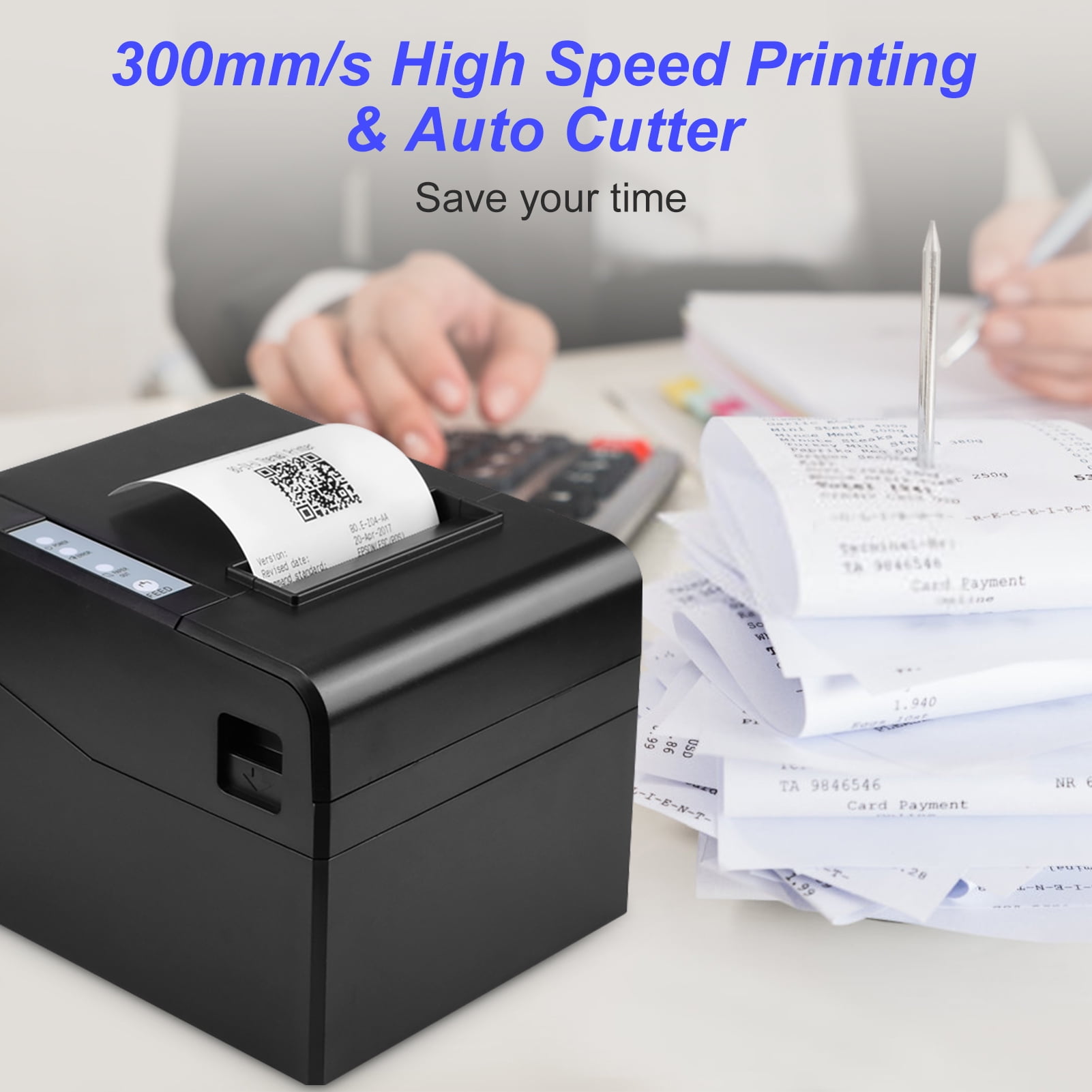 Bisofice Thermal Receipt Printer 80mm Desktop Direct Thermal Printing USB Connection 300mm/s High Speed with Auto Cutter Support ESC/POS for Shipping Business Restaurant Kitchen Supermarket Store Hom