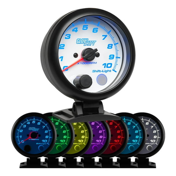 GlowShift | White 7 Color Series 3-3/4 (95mm) On-Dash Tachometer RPM Gauge for Cars and Trucks