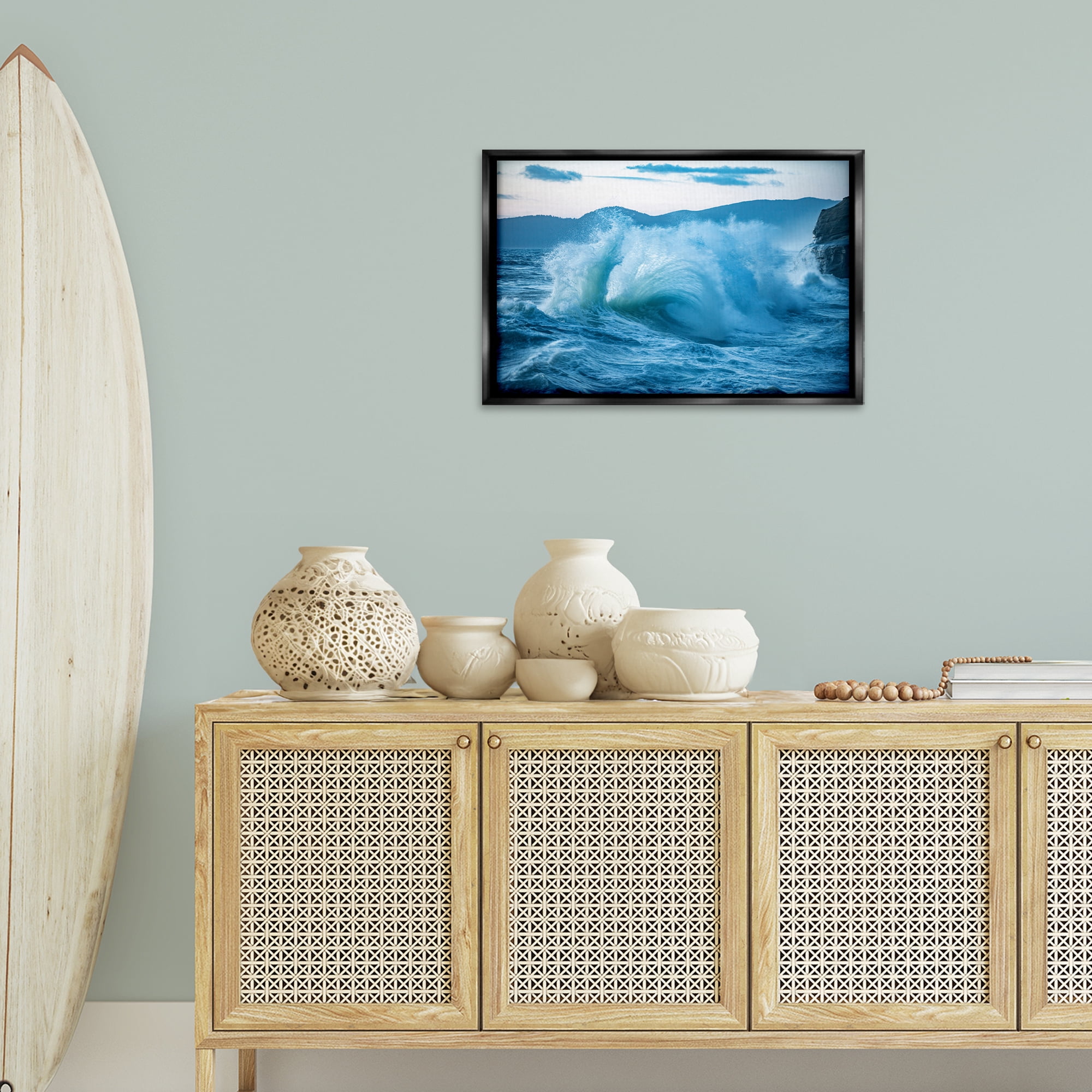 Stupell Industries Rolling Tsunami Wave Nautical & Beach Photography Black Floater Framed Canvas Art Print Wall Art, 25 x 17