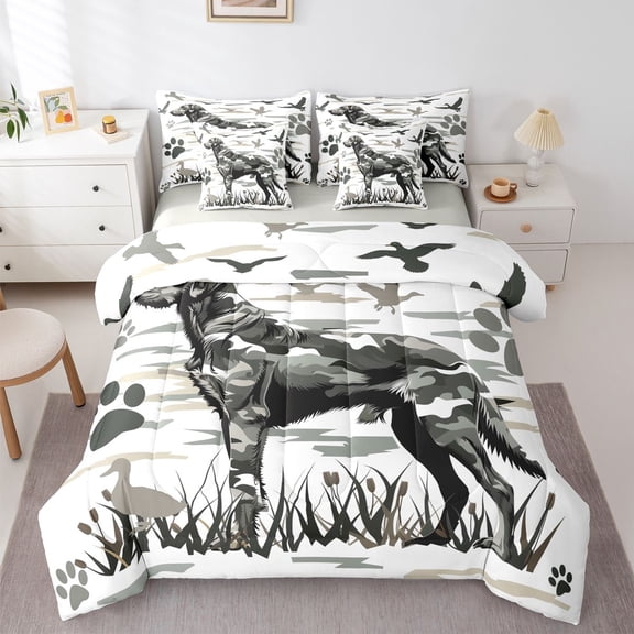 Homewish Camo Labrador Retriever 7-Piece Twin Bedding,Vintage Dog Paws Duck Bedding Comforter Set,White,Light Gray Reversible