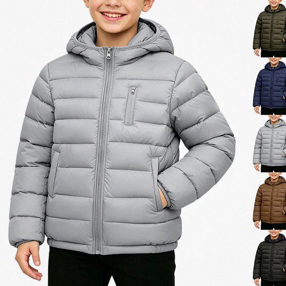 HAOTAGS Teen Boys Quilted Coat (9-17) Long Sleeve Hooded Zip Up Warm Winter Jacket Gray Size 11