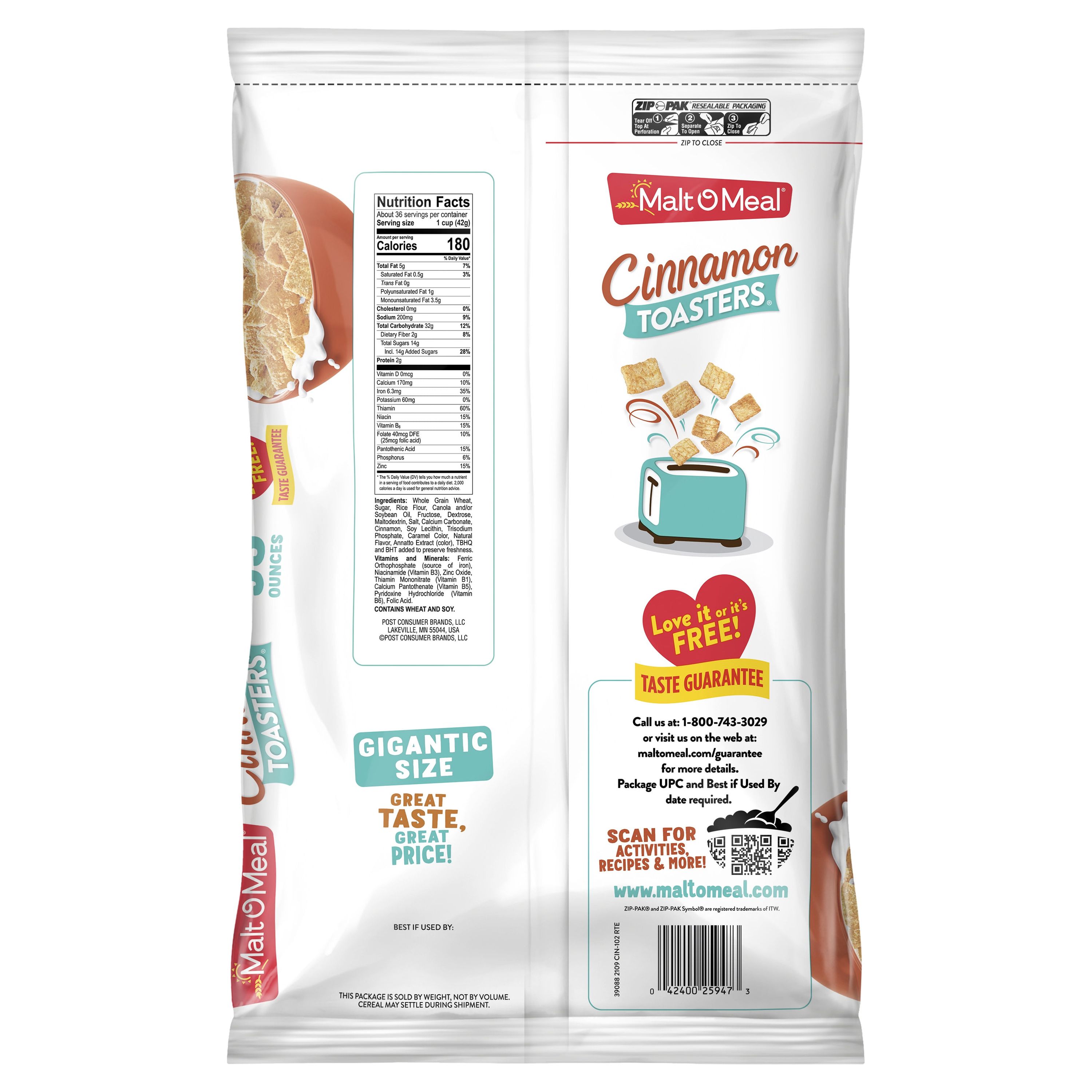Malt-O-Meal Cinnamon Toasters Breakfast Cereal, Cinnamon Cereal Squares, 53 OZ Resealable Cereal Bag