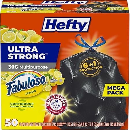 Hefty Ultra Strong 30 Gallon Trash Bags Large Trash Bags 30 Gallon Size Resists Leaks Punctures and Tears Black Fabuloso Lemon Scent 50 Bags ( Pack of 2 )