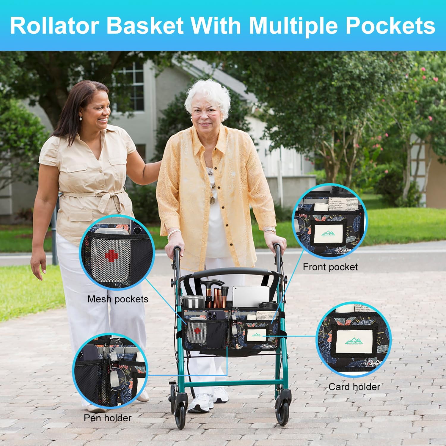 SupreGear Rollator Basket Bag, Foldable Waterproof Storage Pouch with Cup Holder for Rollator, Black Floral