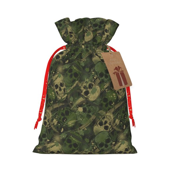Naloa Green Camouflage Skull Drawstring Christmas Bags, 3D Xmas Gift Bags, Christmas Wrapping Bags, Xmas Goodie Bags, Treat Pouch Bags, Party Favor Bags-Small