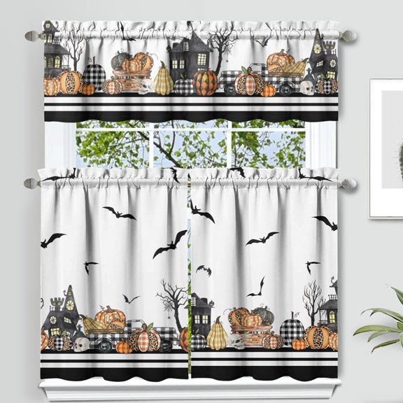 Halloween Curtains and Valances 3-Piece Set, Pumpkin Bat Skull Horror Decor, Short Curtain Set for Kitchen and Bedroom, 36 Inch