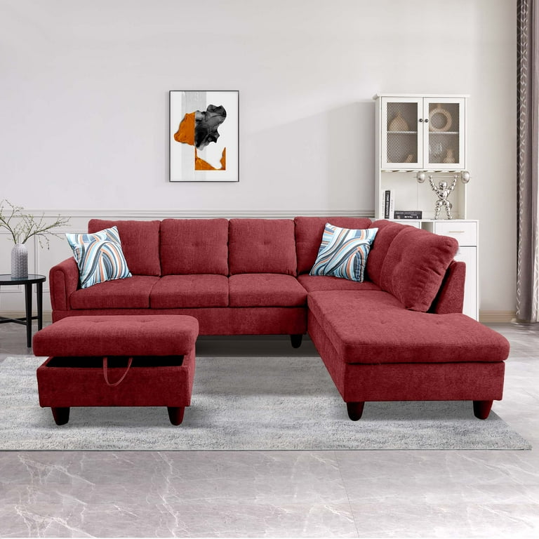 Aukfa 3 Piece Sectional Sofa Set with Storage Ottoman Right Facing Chaise Plush Flannel Red Size 97 L x 66.5 W x 33.5 H