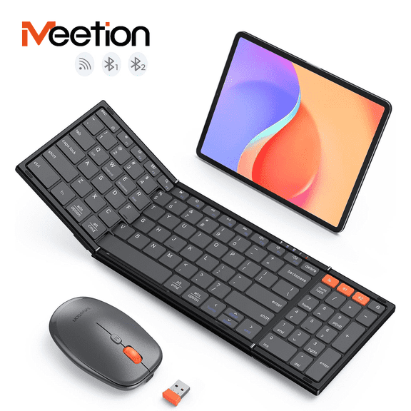 Meetion Foldable Keyboard and Mouse, Bluetooth, Portable, Rechargeable, 3-Device for Win/Mac/iOS/Android