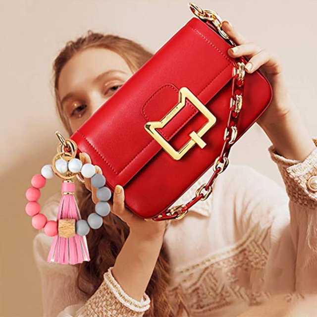 Dinheiro Pulsera de silicona con llavero, llavero de coche con cuentas y borla para mujeres y niñas