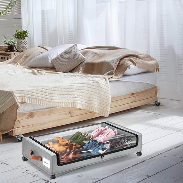 Caja De Almacenaje Bajo La Cama Con Ruedas, Organizador Rodante Extraíble, Cesta De Tela De Gran Capacidad, Ventana Transparente, Ruedas Con Freno, Diseño Plegable, Ahorra Espacio En El Armario