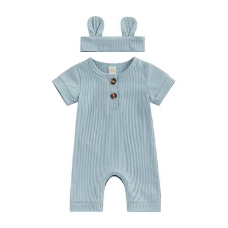 

Sunisery 2Pcs Baby Boys Girls Jumpsuit Short Sleeve Crew Neck Summer Romper Newborn Bodysuit with Headband Blue 3-6 Months