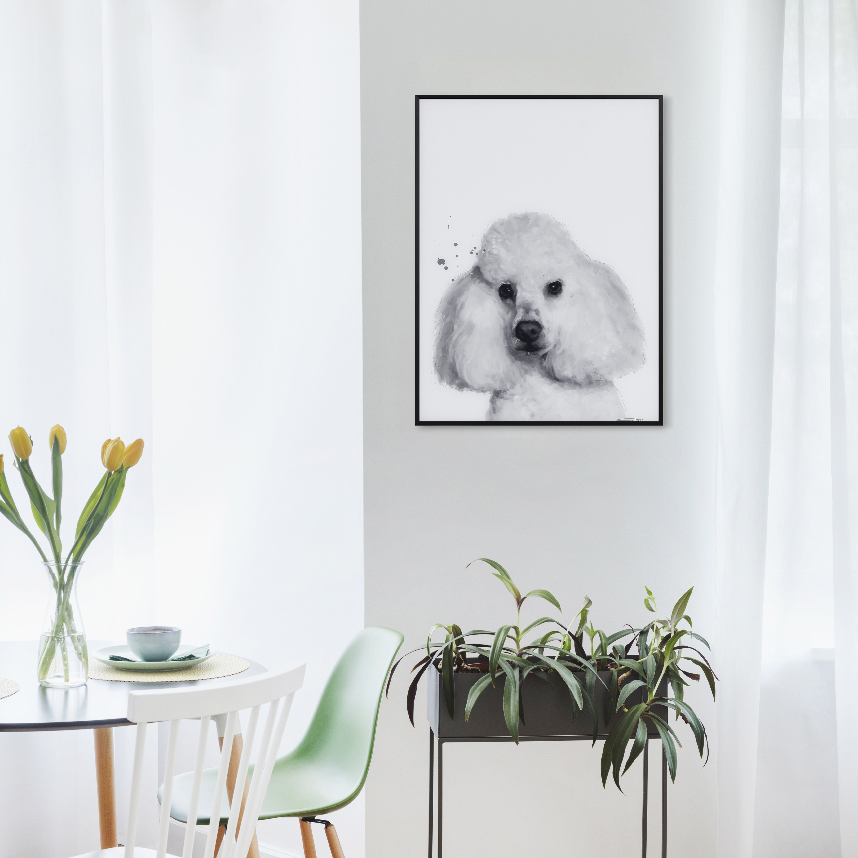 "Poodle" Black and White Pet Portraits on Reverse Printed Art Glass, Minimally Encased on Black Anodized Aluminum Frame