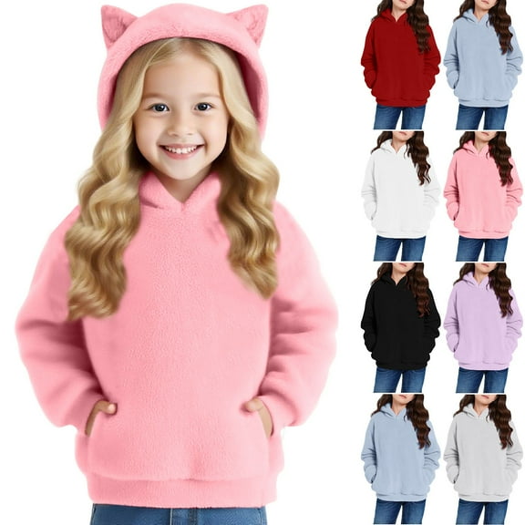 BFHHYA Girls Fuzzy Hooded Sweatshirt Casual Fleece Hoodie Long Sleeve Pullover with Kangaroo Pocket, for Fall Casual Outings (5-15Y)
