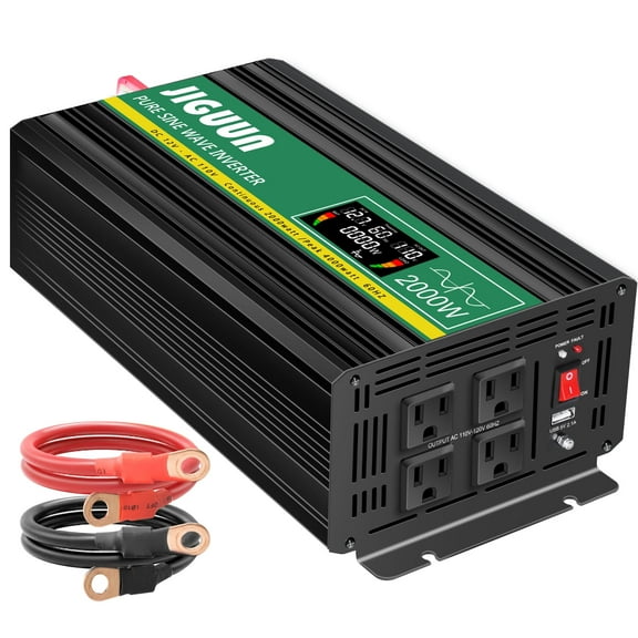JIGUUN 2000 Watt Pure Sine Wave Power Inverter with Wireless Remote Control. 12v DC to 110v AC Car Converter Inverter with LCD Display for RV/Truck/Home/Camping