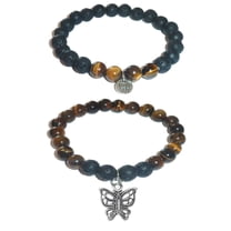 Butterfly Women's, Girls Tiger Eye & Black Lava Stone Bracelet Gift Set