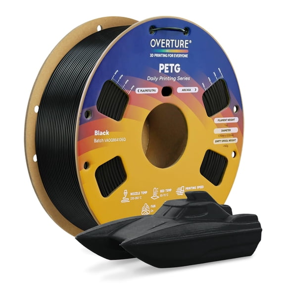 OVERTURE PETG Filament 1.75mm, 3D Printer Filament, 1kg Filament (2.2lbs), Dimensional Accuracy 99% Probability +/- 0.03 mm, Fit Most FDM Printer (Black (1-Pack))