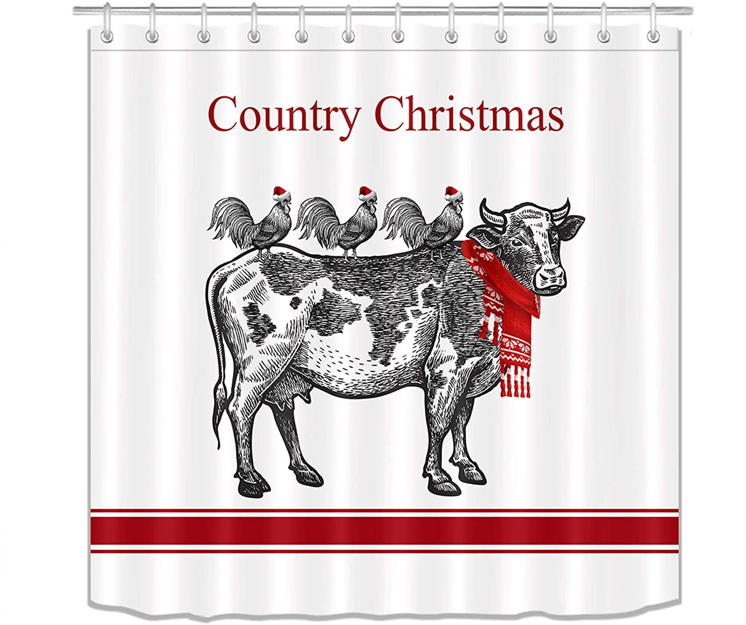 Christmas Snow Forest Farm Cows Santa Hats Waterproof Fabric Shower Curtain Set