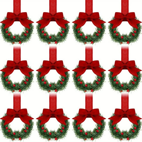 12-Piece Christmas Wreaths - Red Bow & Green Foliage Plastic Decor | Easy Hang Front Door & Fireplace Decoration | No Electricity Needed Festive Display
